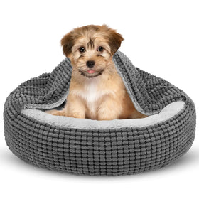 SIWA MARY Small Dog Bed with Attached Blanket Cozy Donut Cuddler Anti-Anxiety Hooded Pet Beds Calming Cave Bed. Orthopedic Round Puppy Beds for Dogs or Cats Washable Anti-Slip Bottom 23inch