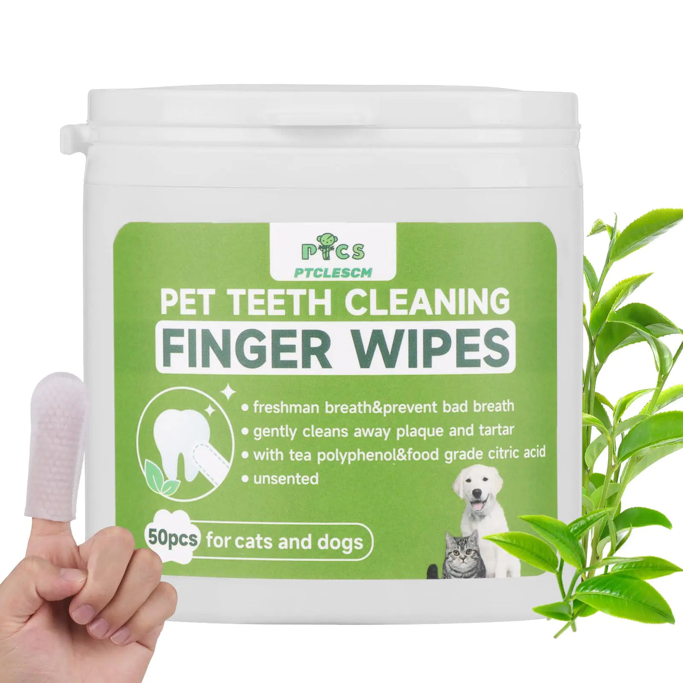 PTCLESCM Pet Teeth Cleaning Finger Wipes for Dogs & CatsPet Dental Finger Wipes for CatsCat &Dog ToothbrushDental Wipes for Cats&DogsCat Finger Tooth Brush50 Count