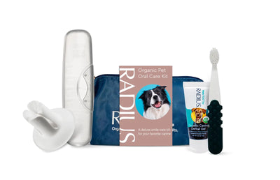 RADIUS Organic Pet Deluxe Oral Care Kit Canine Toothbrush With Organic Canine Toothpaste White Toothbrush Holder Clear Critter Case Blue Travel Bag 1 Count
