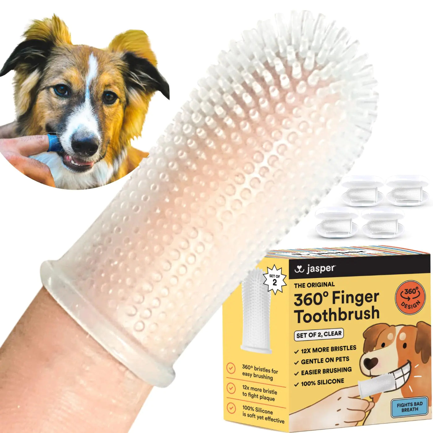 Jasper Dog Toothbrush 360-Degree Silicone Dog Finger Toothbrush with Storage Cases Dog Tooth Brushing Kit Dog Teeth Cleaning Kit for Medium and Large Dogs Use with Dog Toothpaste 4-Pack Clear