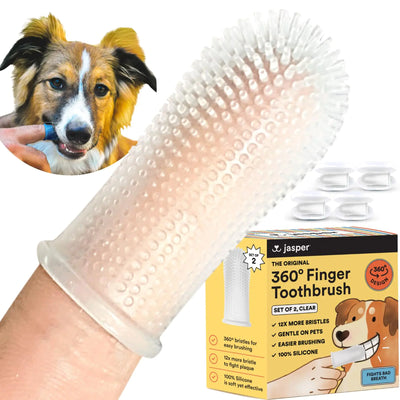 Jasper Dog Toothbrush 360-Degree Silicone Dog Finger Toothbrush with Storage Cases Dog Tooth Brushing Kit Dog Teeth Cleaning Kit for Medium and Large Dogs Use with Dog Toothpaste 4-Pack Clear